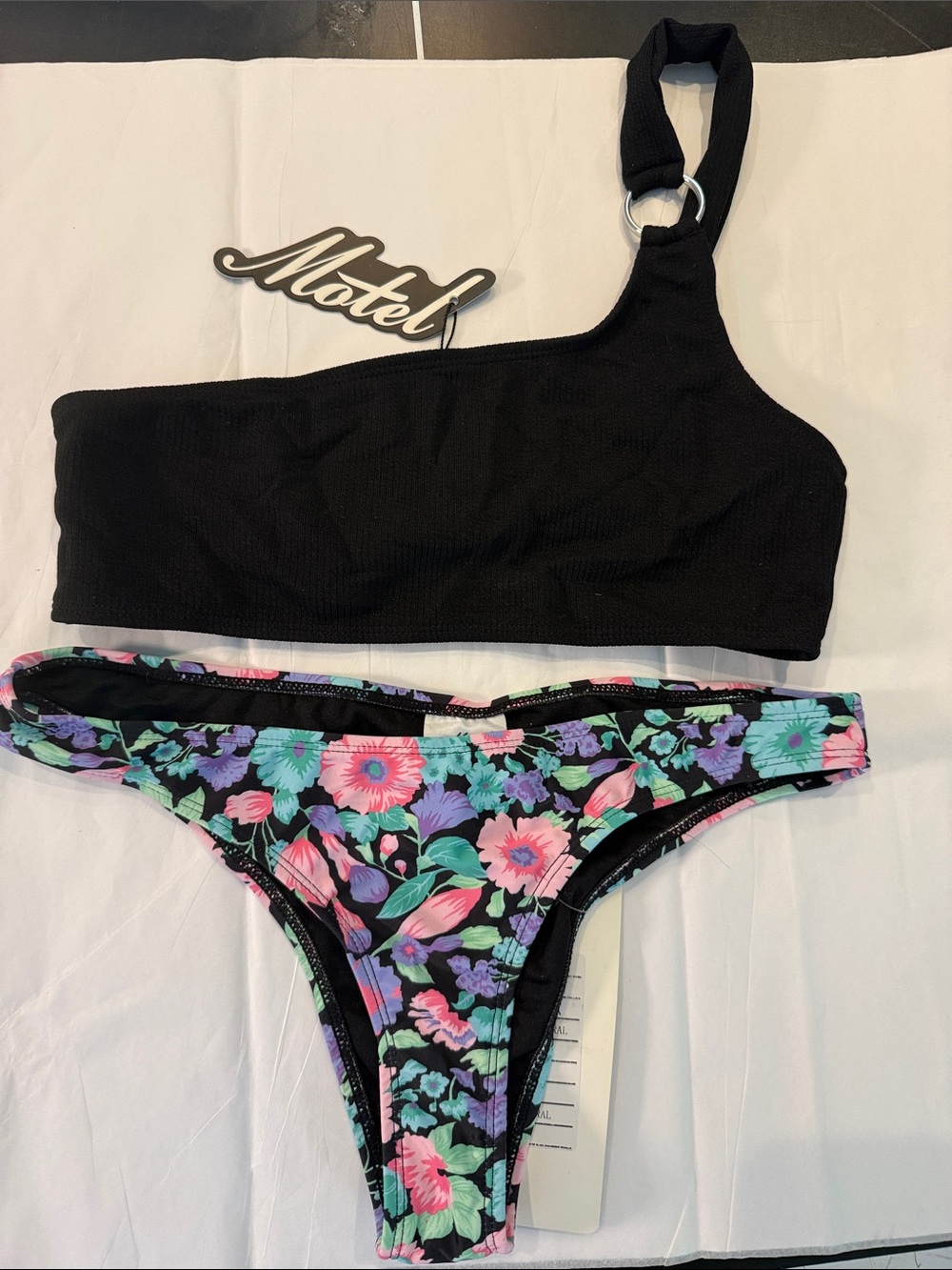 Motel Rocks Kiyoshi onyx rib Bikini top paired with Afia Bikini bottom in Floral